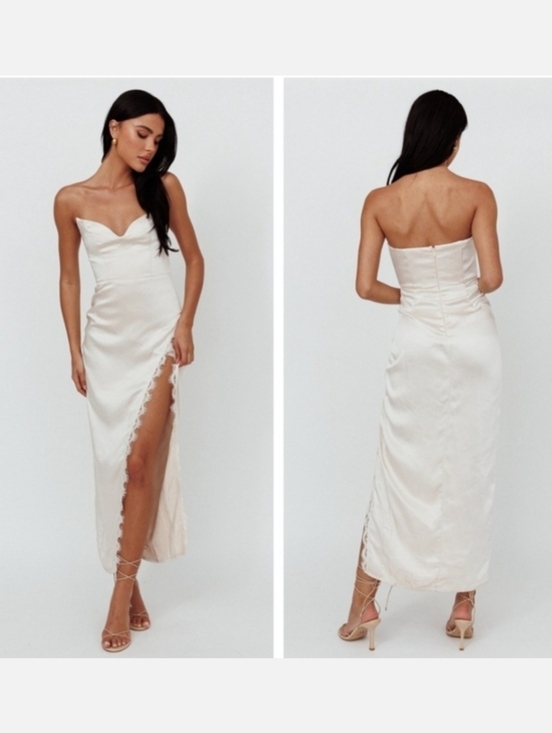 saints + secrets Dresses & Skirts - Saints & Secrets Winter Moon Champagne Satin Strapless Lace Trim Slit Midi Dress